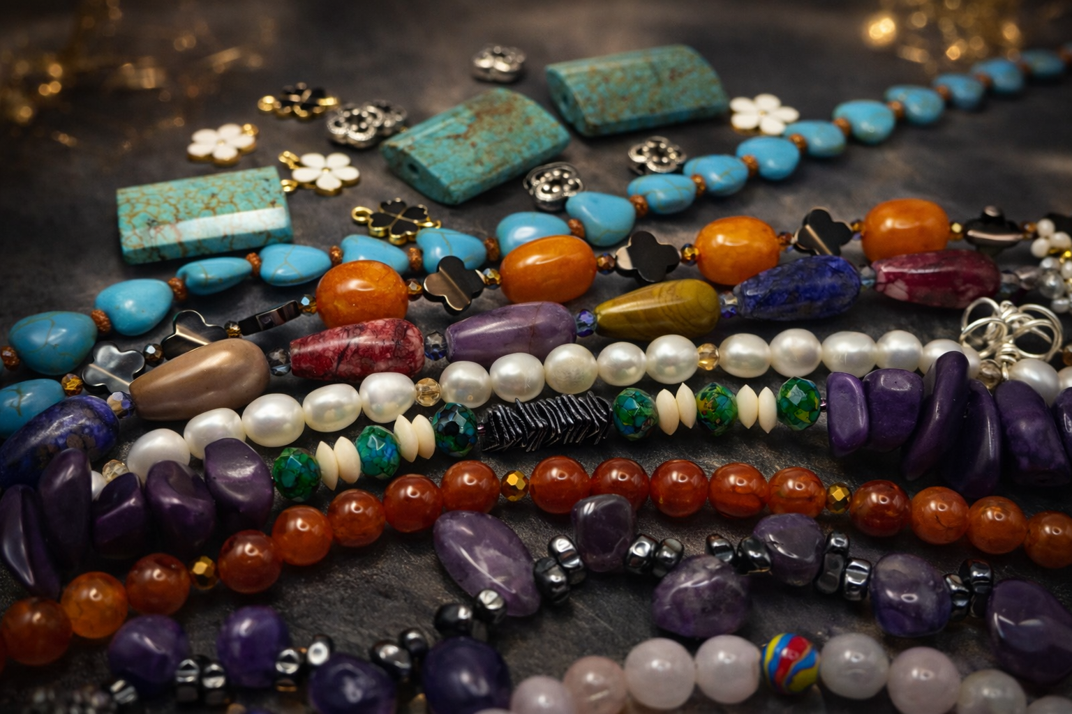 Various colorful beaded necklaces arranged on a dark surface.