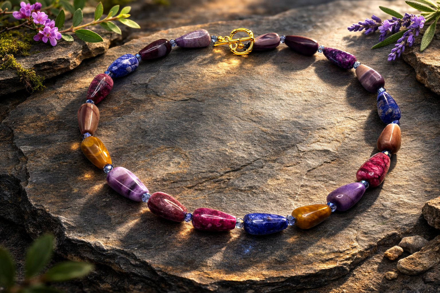 Colorful beaded necklace with a gold clasp laid on a flat rock surface, surrounded by small purple flowers and green foliage.
