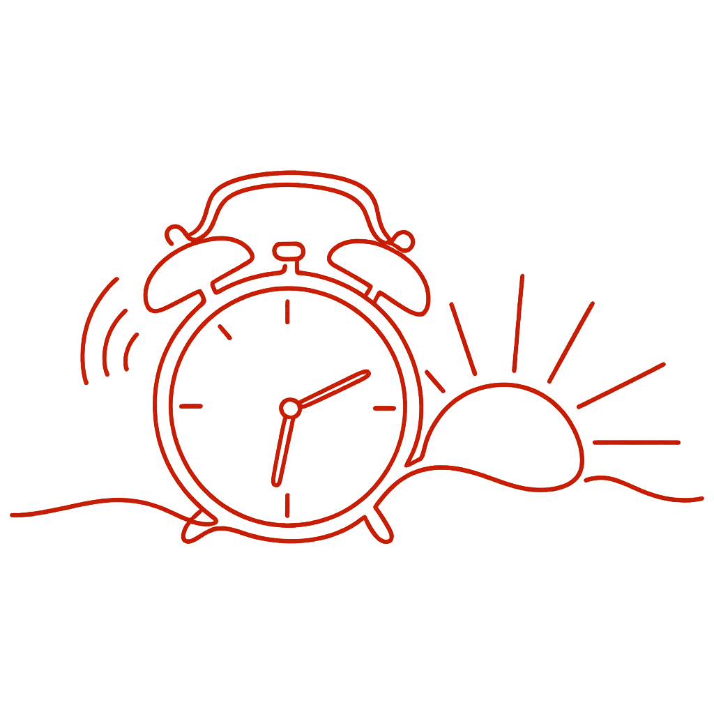 Neon outline of an alarm clock with bells, a sun rising behind it, and a curved line representing the ground.