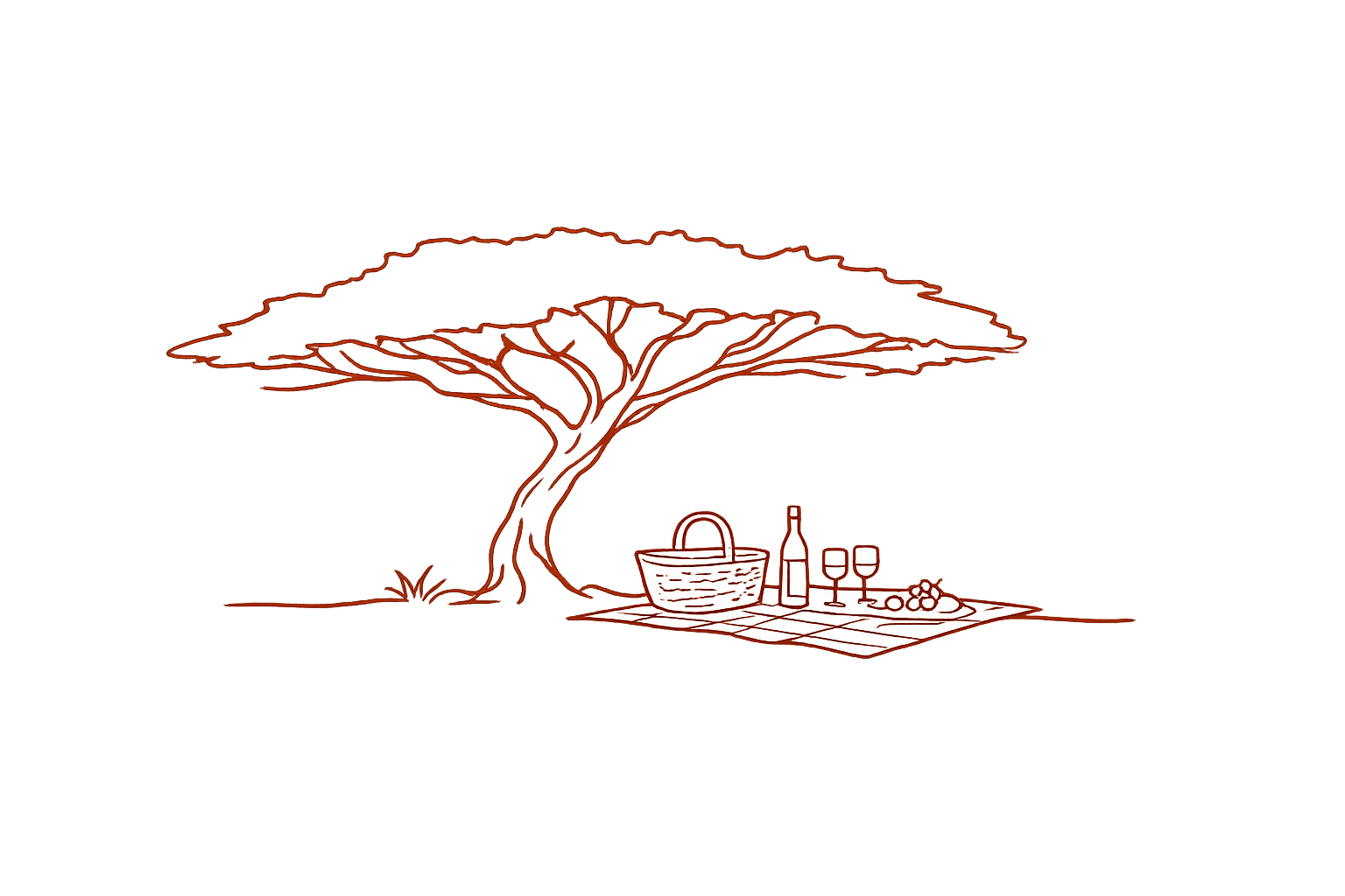 A line drawing of a picnic scene under a large, sprawling tree at night, with a table holding a basket, two wine glasses, a bottle, and grapes, illuminated by pink and purple lights.