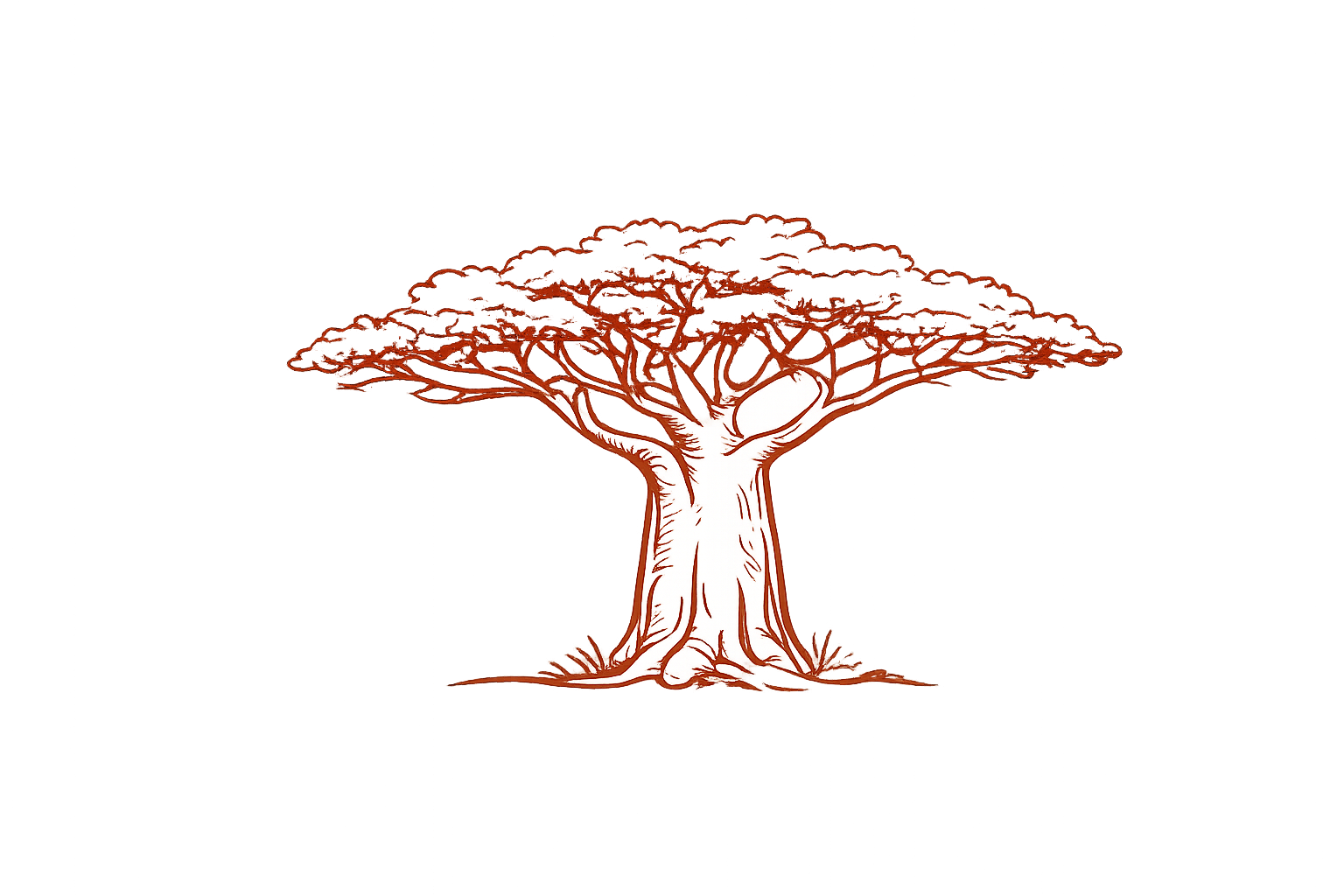 Stylized illustration of a large tree with a thick trunk and sprawling branches, with orange foliage, depicted on a transparent background.