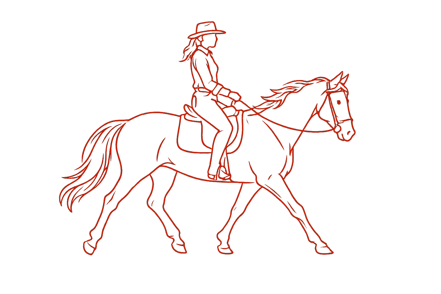 Neon red outline of a woman riding a horse against a black background, with the woman wearing a hat and casual clothes.