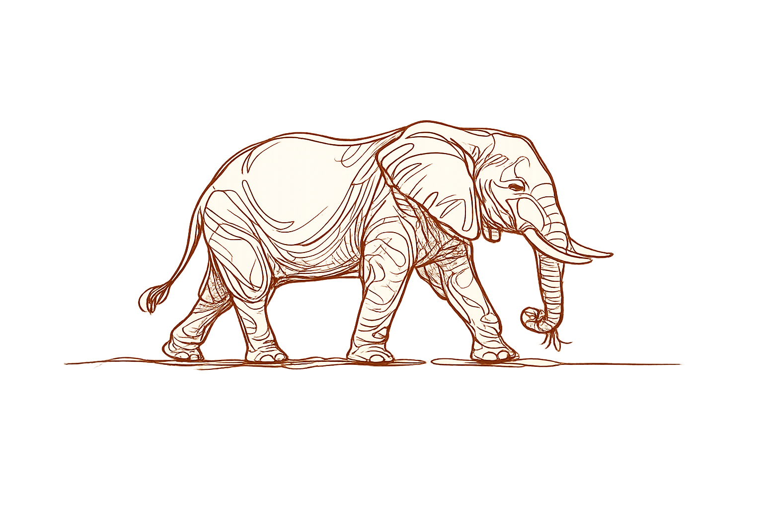Line drawing of an elephant with visible muscle structure, standing on a ground surface.