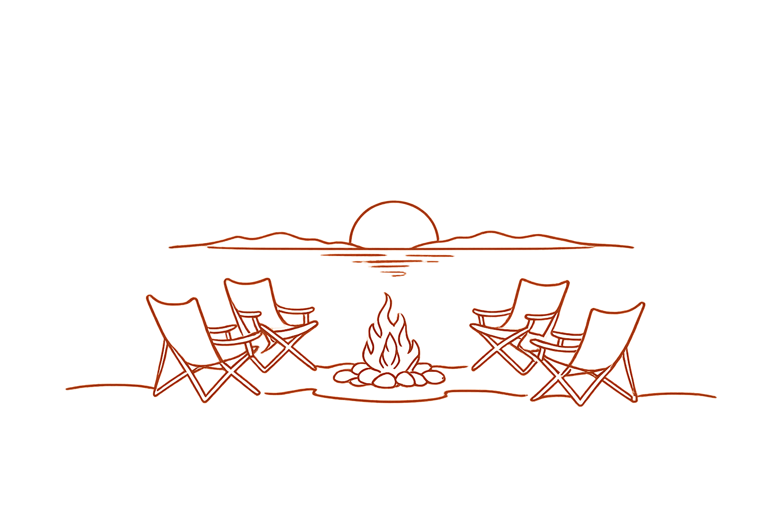 drawing of a cozy outdoor setting with a campfire surrounded by six chairs, overlooking a sunset over water with mountains in the background.