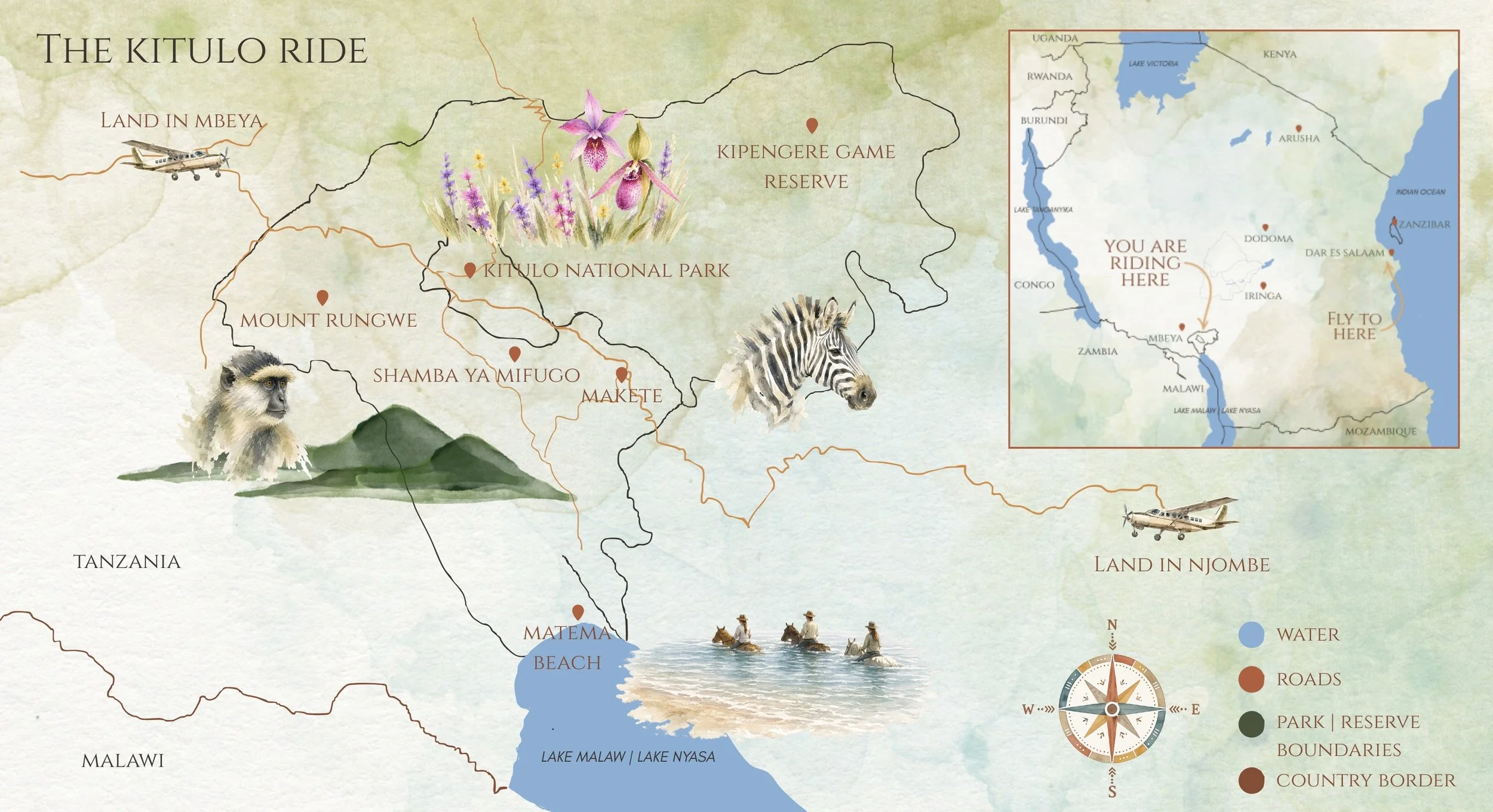 Map of Tanzania displaying a route for the Kitulo Ride including locations like Land in Mbeya, Kitulo National Park, Mount Rungwe, Shamba ya Mifugo, Makete, and Lake Malawi Beach. The map also highlights water bodies, roads, parks, and reserves with illustrations of a monkey, zebra, bird, and hikers.