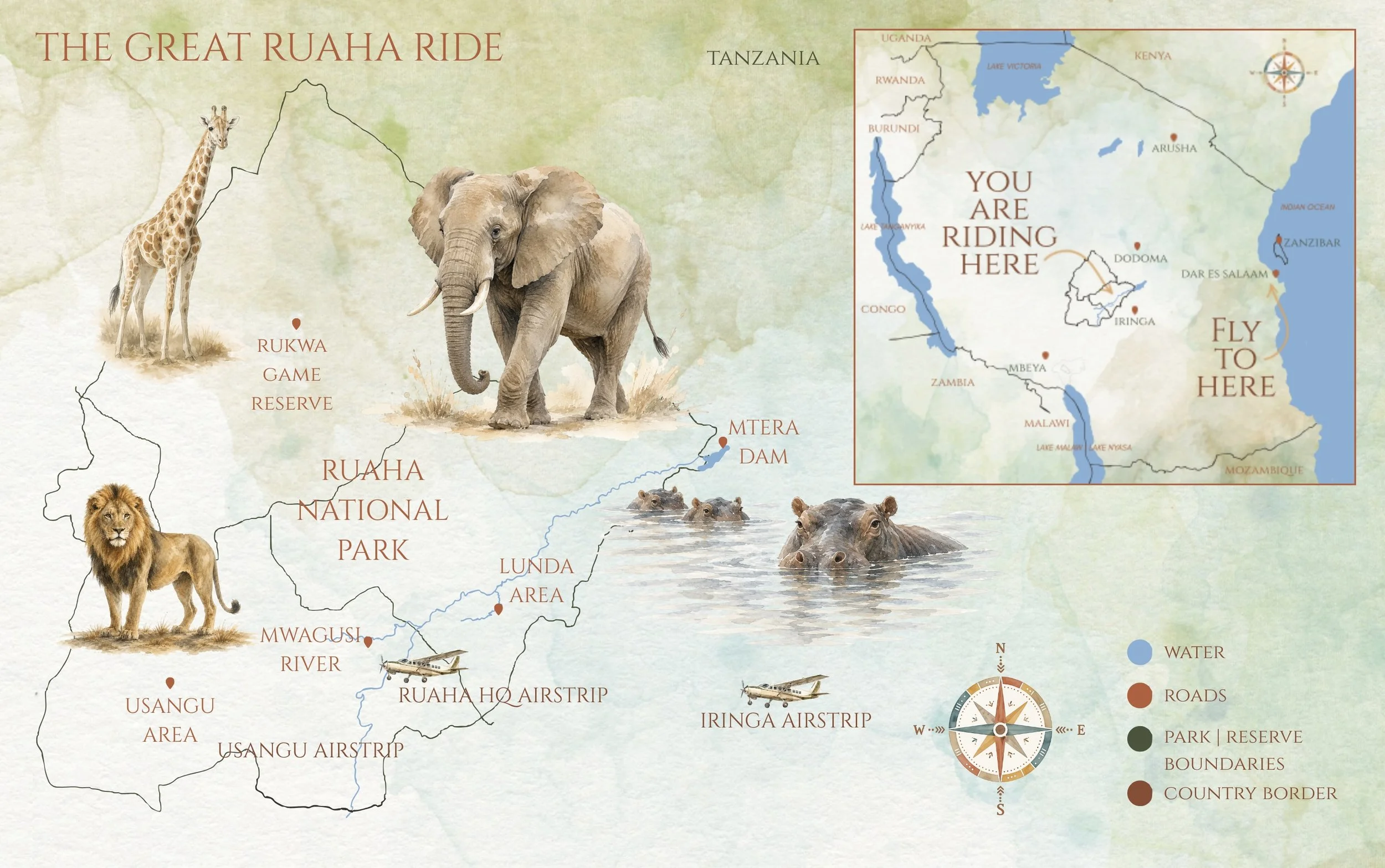Map of where we do riding safaris in Ruaha National Park, Tanzania