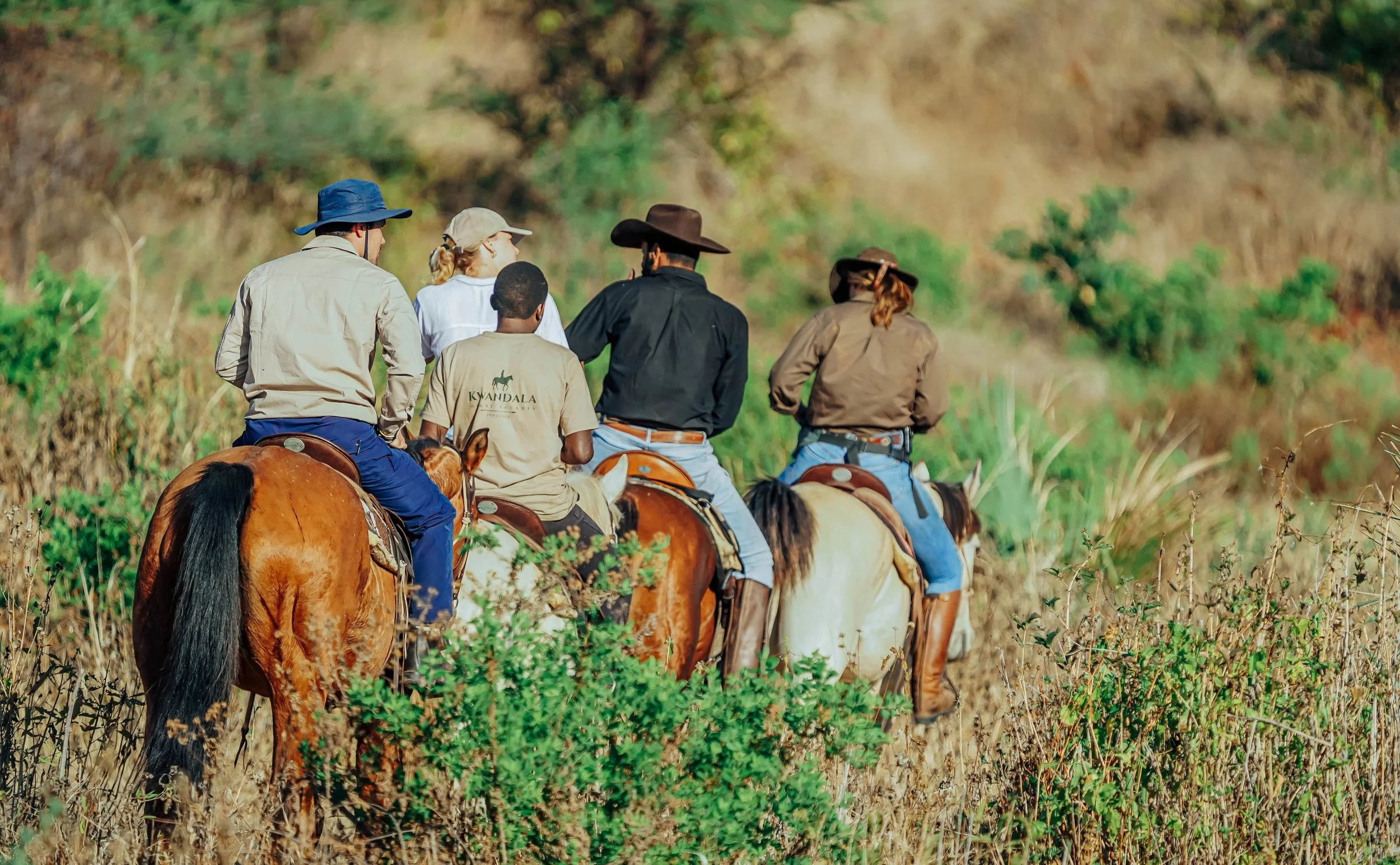 Group of five people riding horses on a grassy trail through a forested area, wearing hats and casual outdoor clothing.