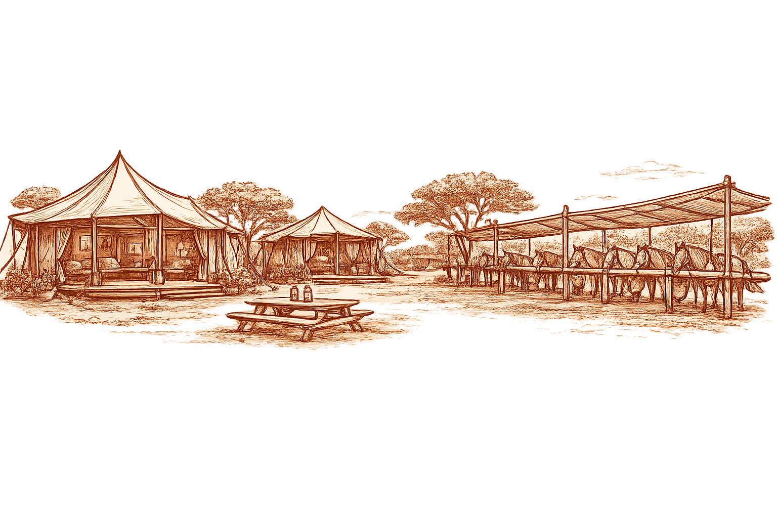 A sketch of a campsite with several canvas tents, trees, a picnic table with horses waiting for their riders on a hitching rail.