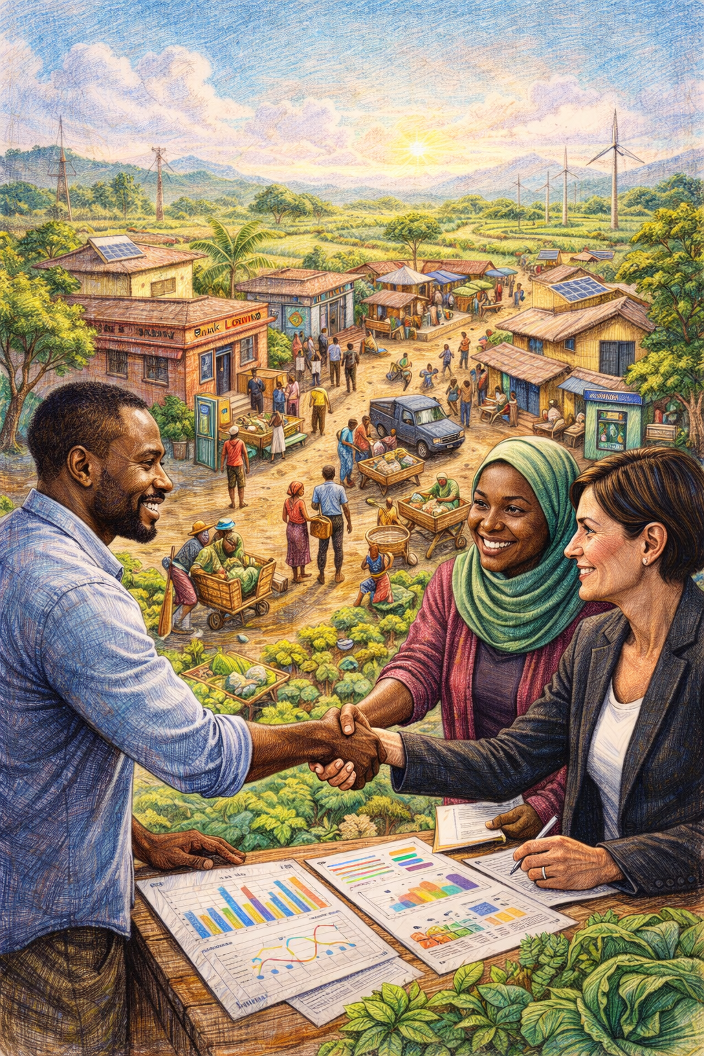 A colorful illustration of a rural marketplace with villagers and vendors, wind turbines in the background, and two women and a man shaking hands in the foreground. #MarketSystems