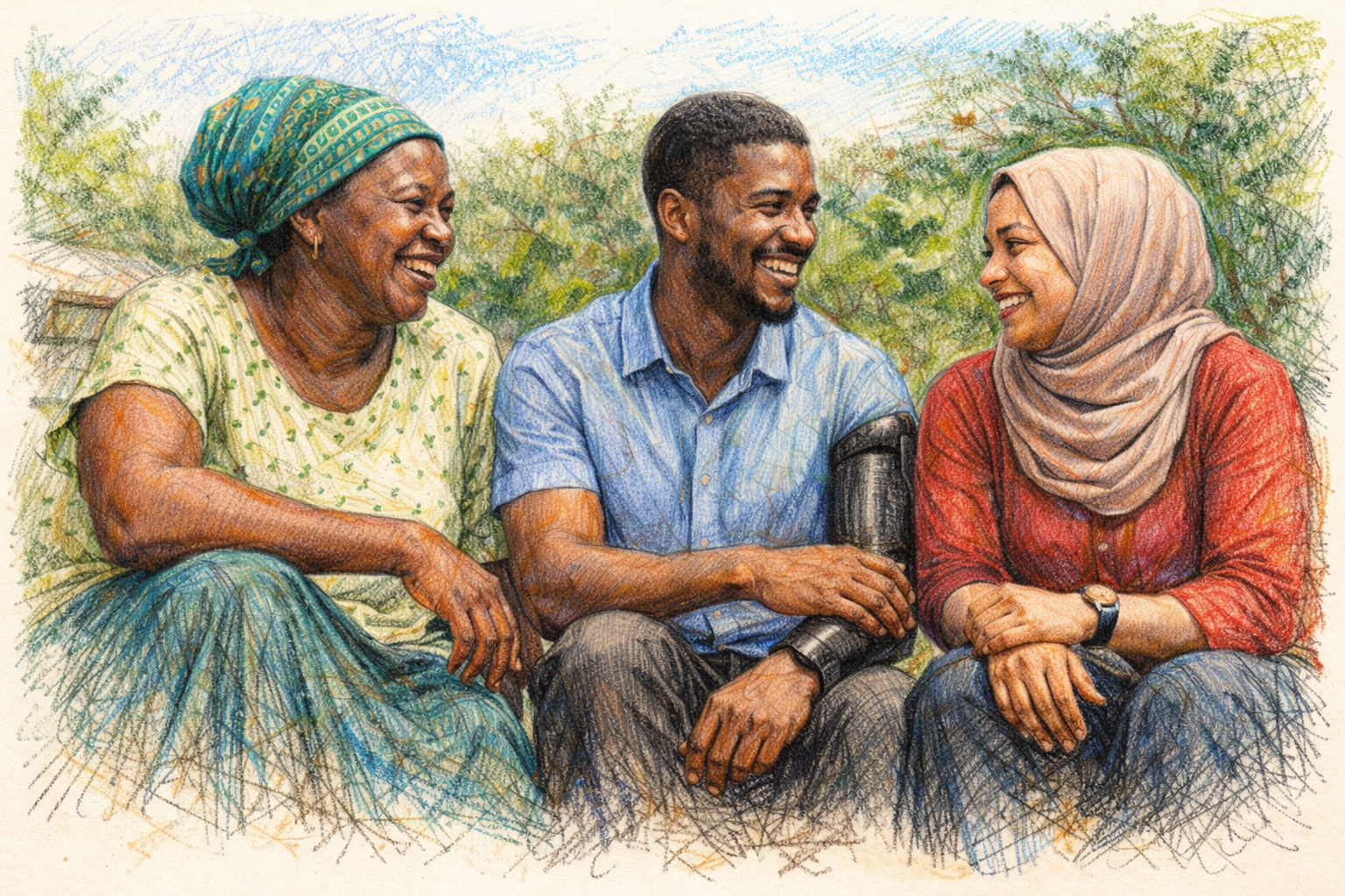 Three people sitting outdoors, smiling and talking.... #Inclusivity and #Diversity