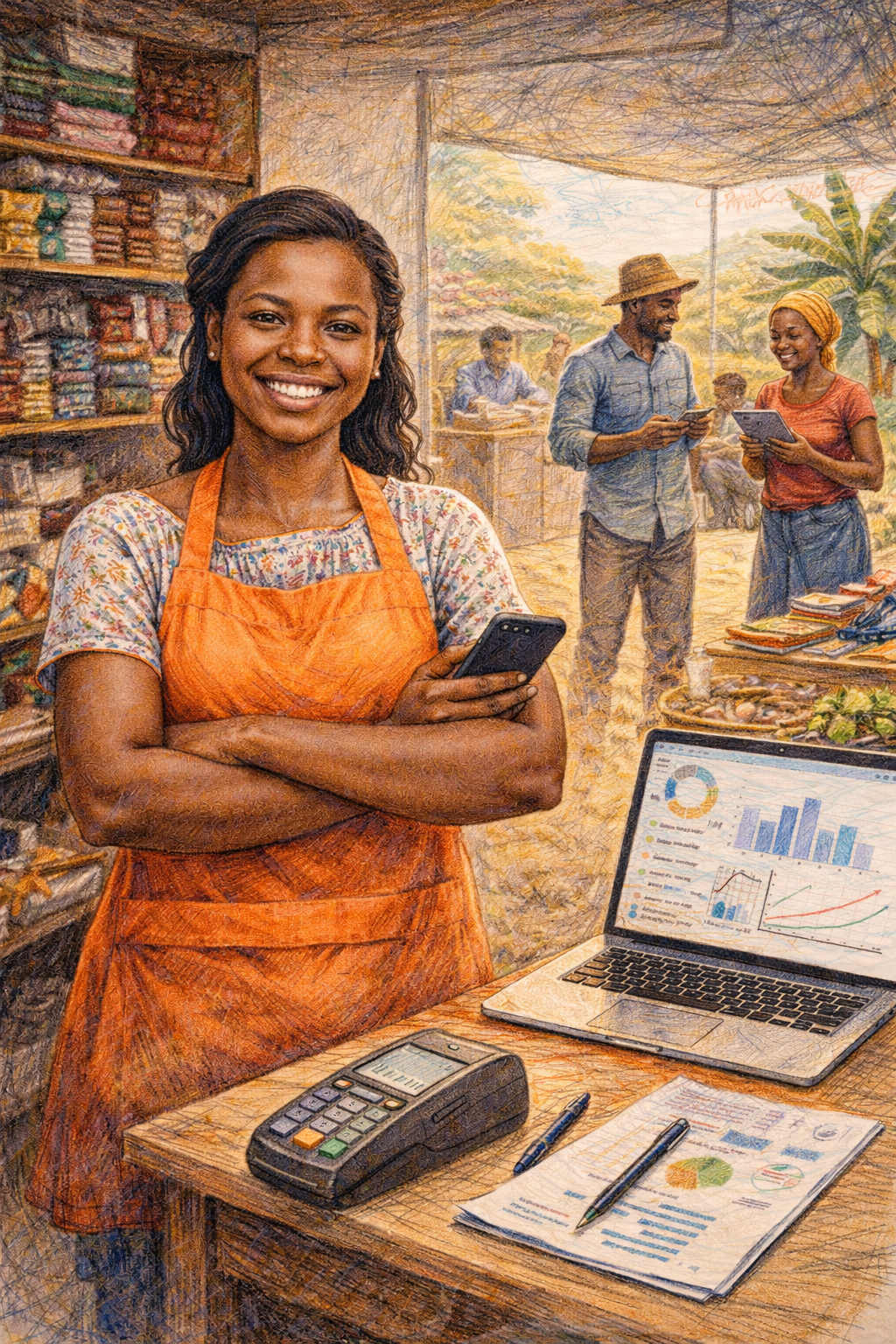 A smiling woman wearing an orange apron holding a smartphone inside a market or shop, with a laptop, payment terminal, and financial documents on a wooden table in front of her. In the background, other people are browsing or talking, and there are shelves with products outdoors