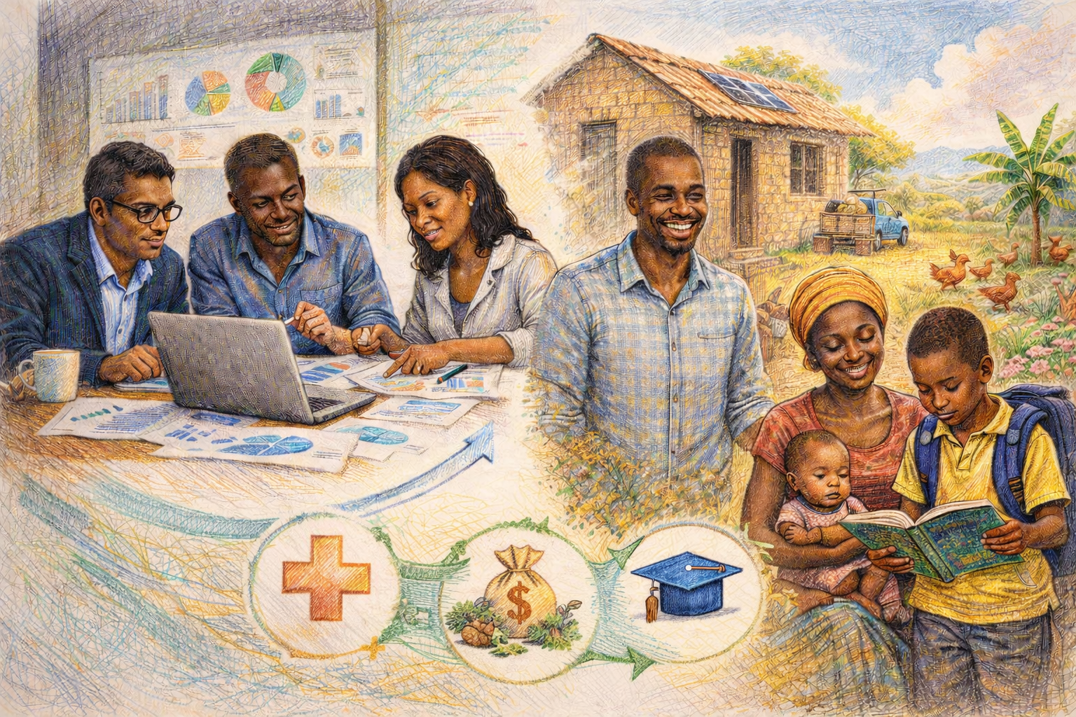 A split scene of our team analysing insights that impact #livelihoods for better #health, #finance, and #education.