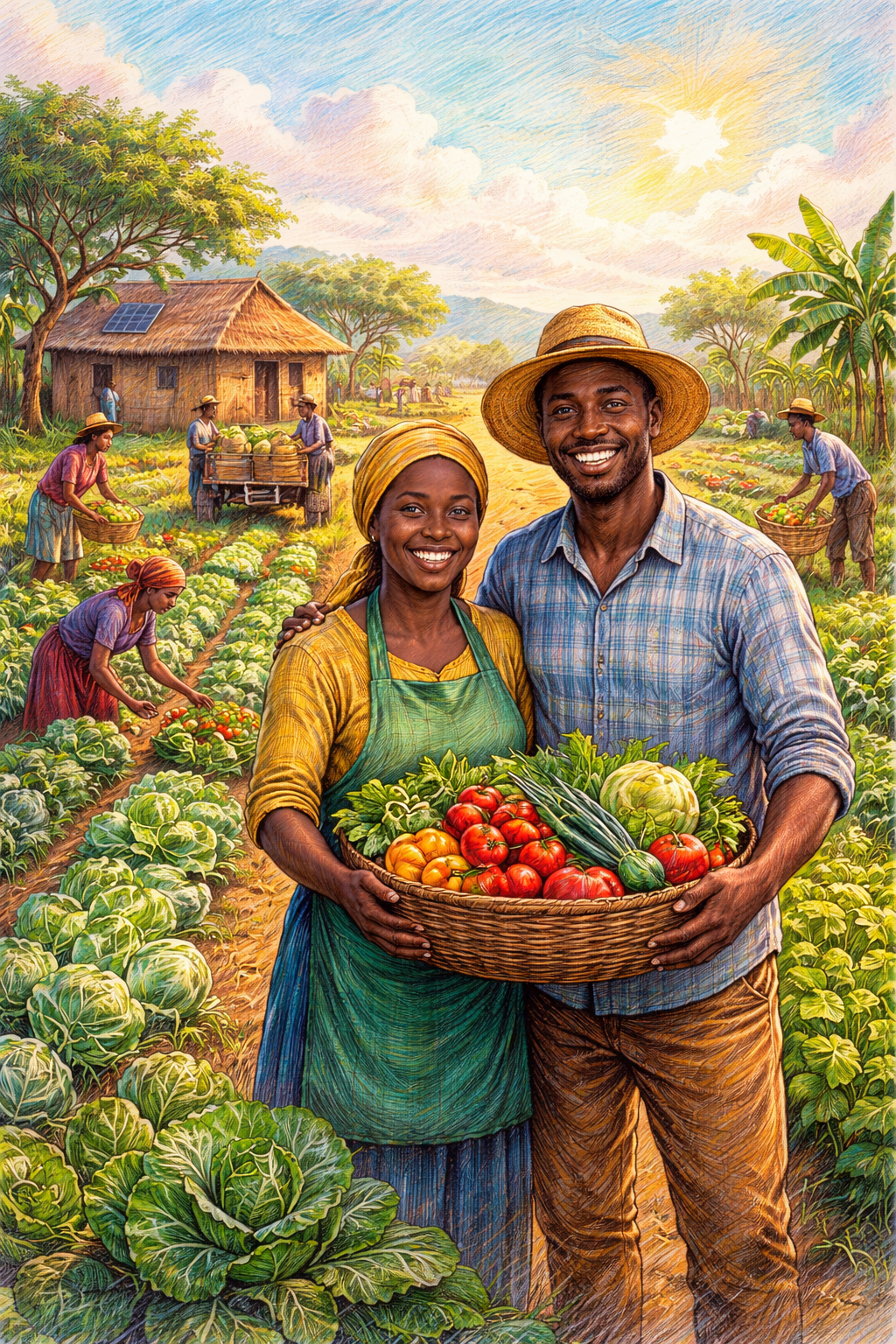 A smiling couple standing in a thriving vegetable farm, holding a basket of fresh tomatoes and vegetables, with farm workers harvesting crops in the background under a sunny sky.