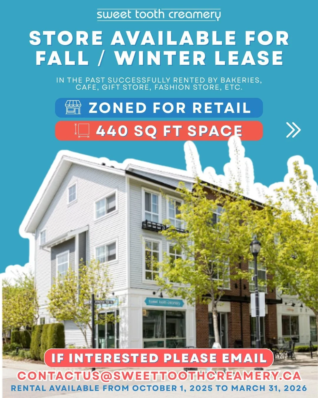 Storefront Space Available This Fall/Winter!

Looking for the perfect retail spot in Osprey Village? Sweet Tooth Creamery&rsquo;s location is available for lease during the off-season!

✅ 440 sq ft space
✅ Zoned for retail
✅ Great for bakeries, caf&e