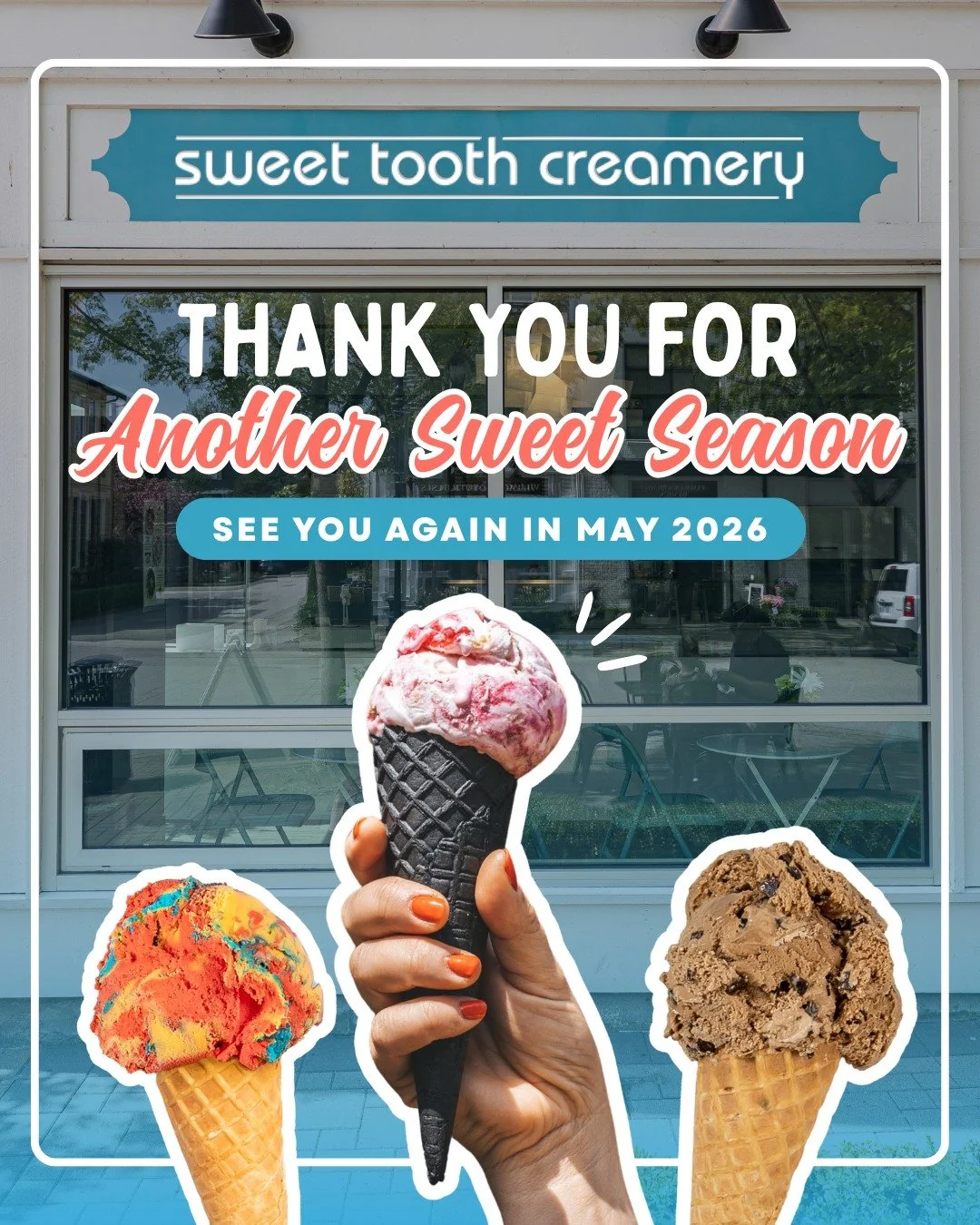 Thank you for another amazing season! 🍦💛
Sweet Tooth Creamery is now closed for the winter, but we&rsquo;ll be back to scoop happiness again in May 2026.

Stay connected with us on Instagram and Facebook. We&rsquo;ll announce our official opening d