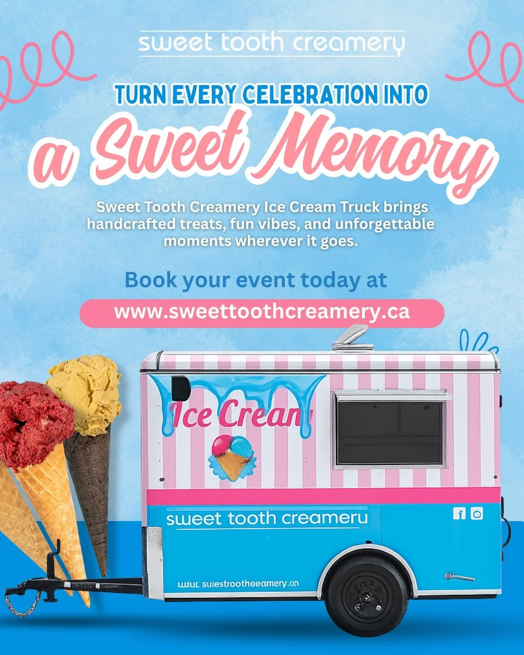 🍦 Make your next event a little sweeter.

Whether you're planning a birthday party, school event, wedding, community celebration, or corporate gathering, the Sweet Tooth Creamery Ice Cream Truck brings handcrafted frozen treats and plenty of smiles 