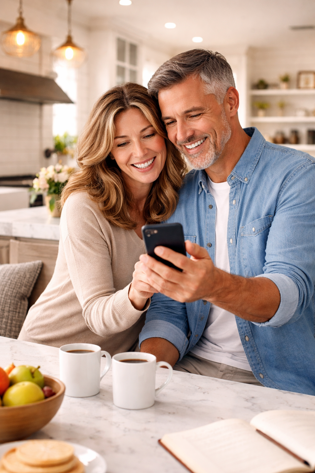 A middle-aged couple sits at a kitchen counter, smiling and looking at a smartphone together. There are two coffee mugs, a bowl of fruit, and a plate of cookies on the counter.