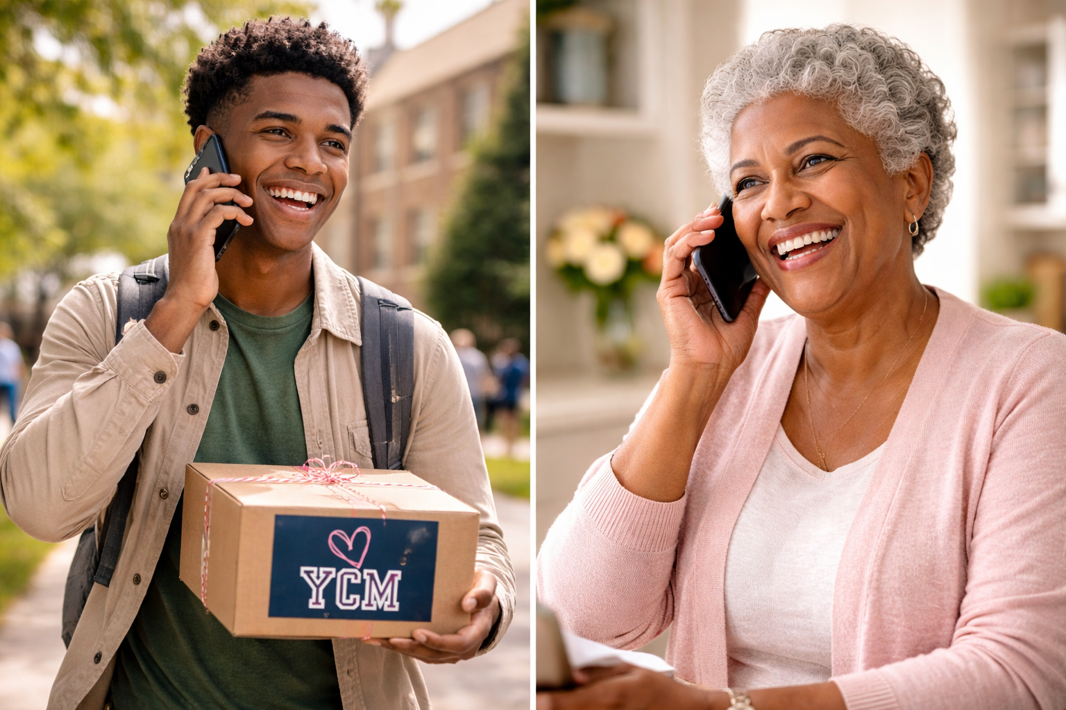 A young man and an older woman are talking on the phone, both smiling. The young man is outdoors, holding a box with a sticker that says YCM, and the older woman is indoors.