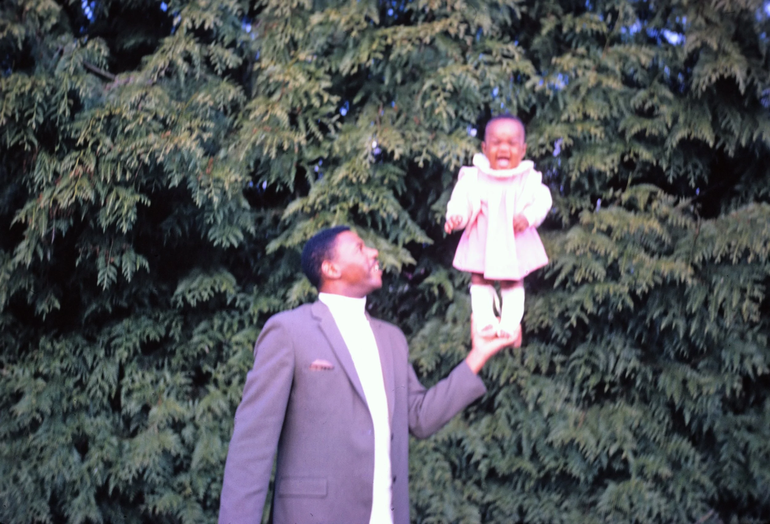 An image of Myra Lee Virgil, memoir writer and essayist based in Bermuda, standing in the palm of her father's hands. He wears a gray suit. She wears a pink coat. Green pine trees in Canada backdrop the image. The girl appears to be crying or upset.