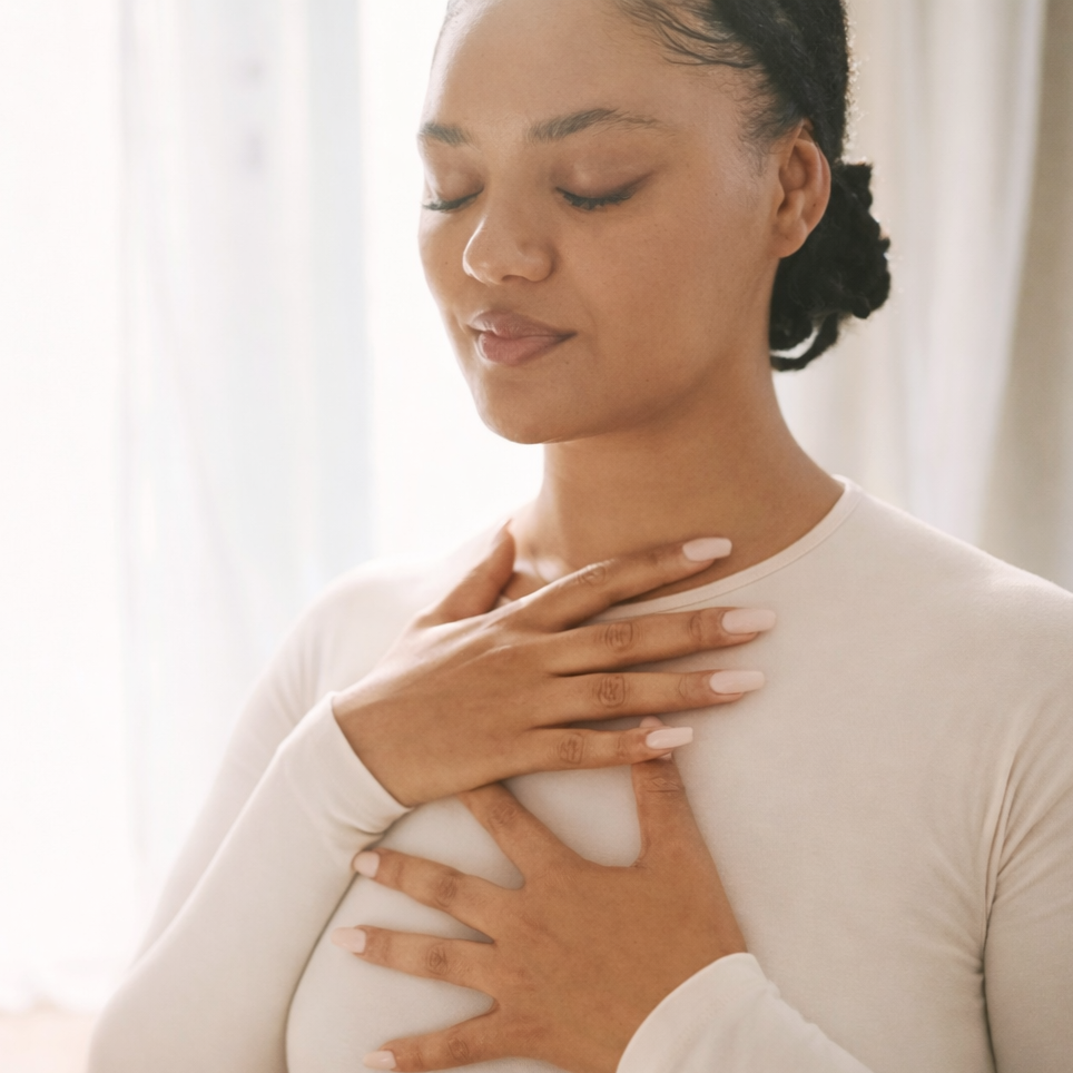 A woman with closed eyes and a serene expression placing one hand on her chest and the other on her neck, near a light-colored curtain, engaging in interoceptive awareness.
