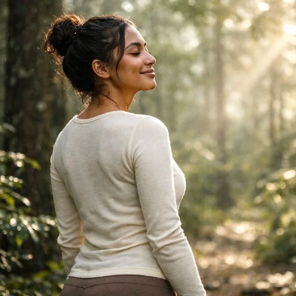 A person forest bathing through a sunlit autumn forest with tall trees and golden leaves.