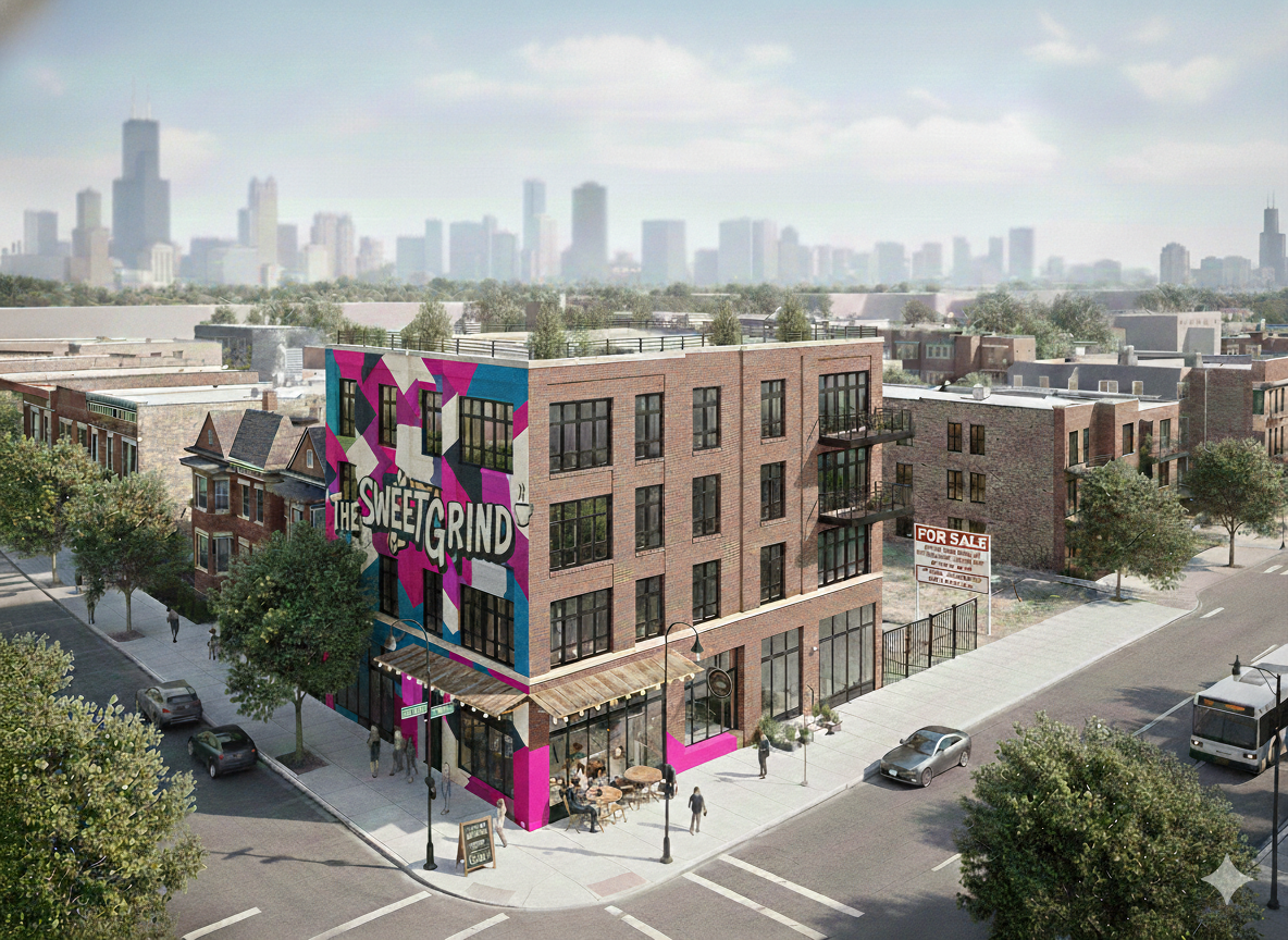 A four-story brick building with large black window panes on a city street corner. The building has a colorful mural on its side that reads 'The Sweet Grind' and features vibrant geometric shapes and a coffee cup. There is a sidewalk with outdoor seating, pedestrians, cars on the street, and a 'For Sale' sign near the building. In the background, a skyline of tall buildings and a cloudy sky are visible.