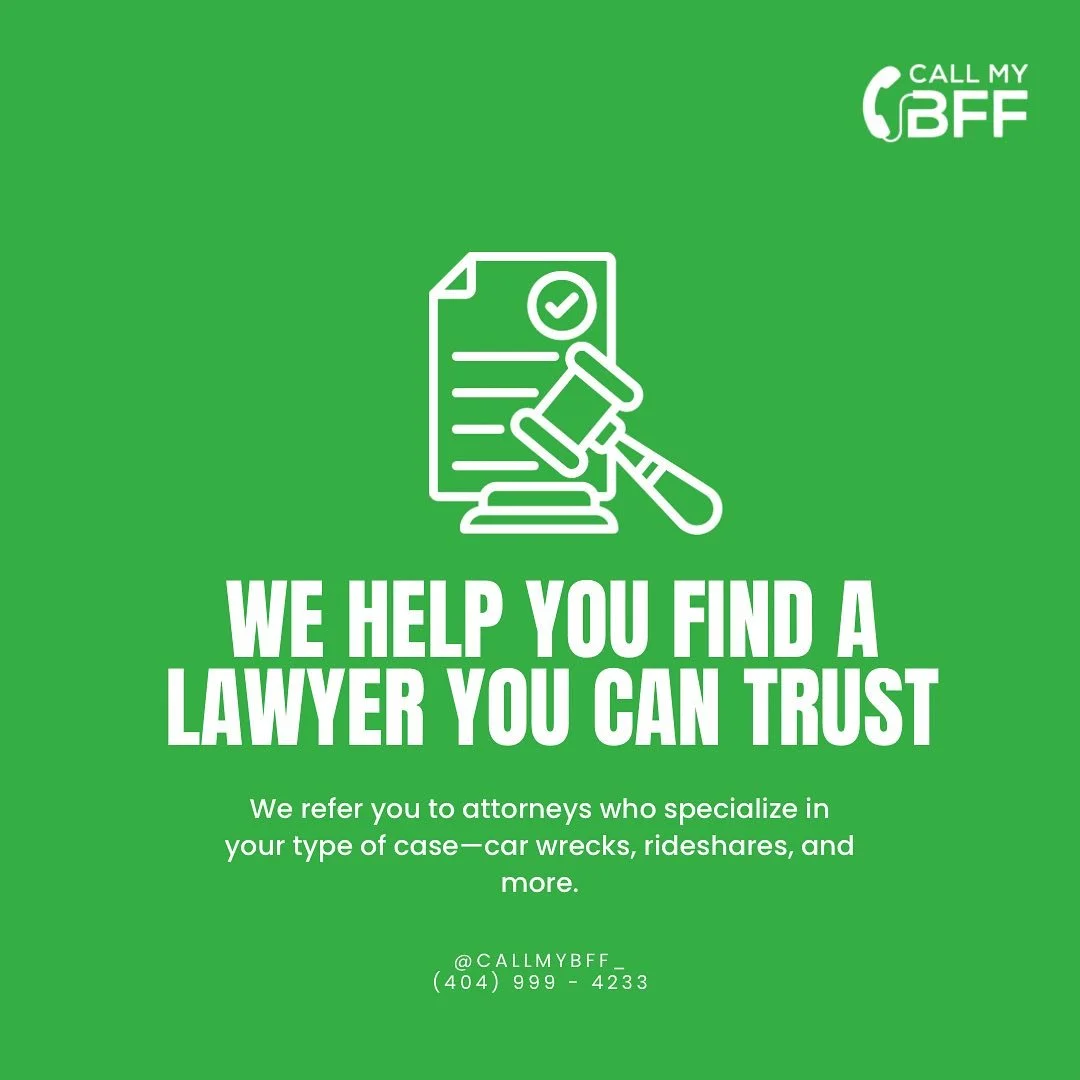 Injured in a car wreck or rideshare accident? Don&rsquo;t guess&mdash;get a lawyer you can trust. We connect you with attorneys who specialize in your case so you can focus on healing, not hassle. 💼🚗

 #CallMyBFF #LegalHelpYouCanTrust #InjuryLawyer