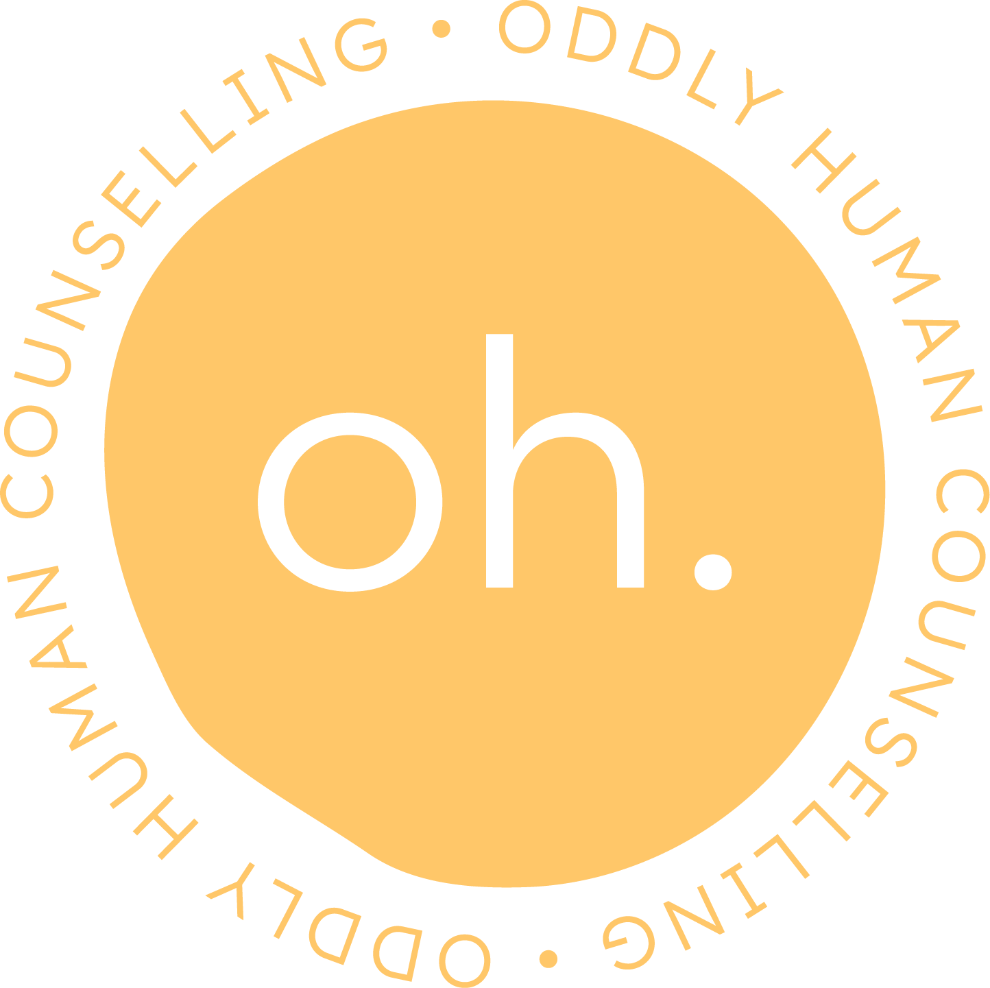 A circular logo with a tan background and black border that says 'Oddly Humankind Consulting • Humankind Consulting • DEDICATED TO YOU' around the edge. The center contains the lowercase letters 'oh.' in black.