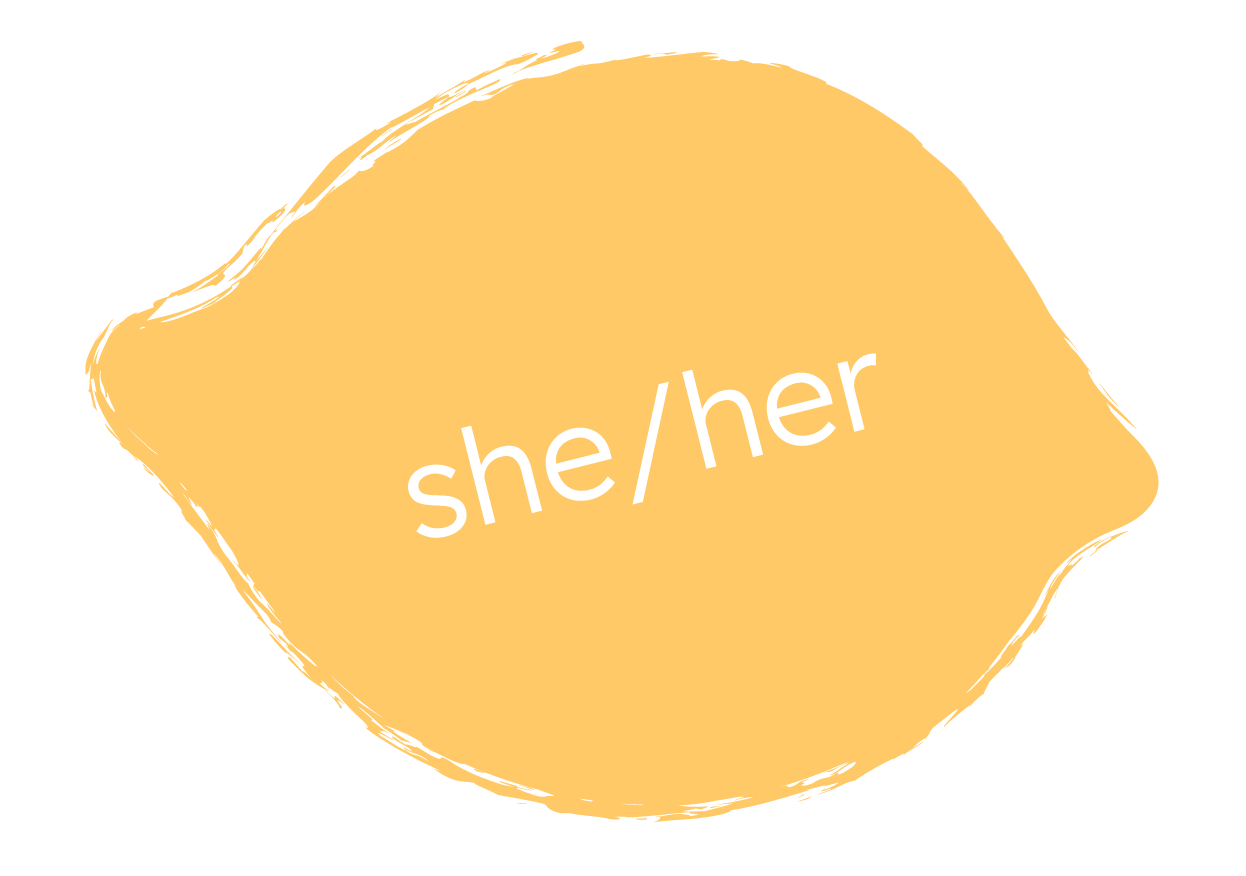 Graphic of an irregular, yellowish-beige shape resembling a speech bubble with the text 'she/her' in white, centered within the shape.