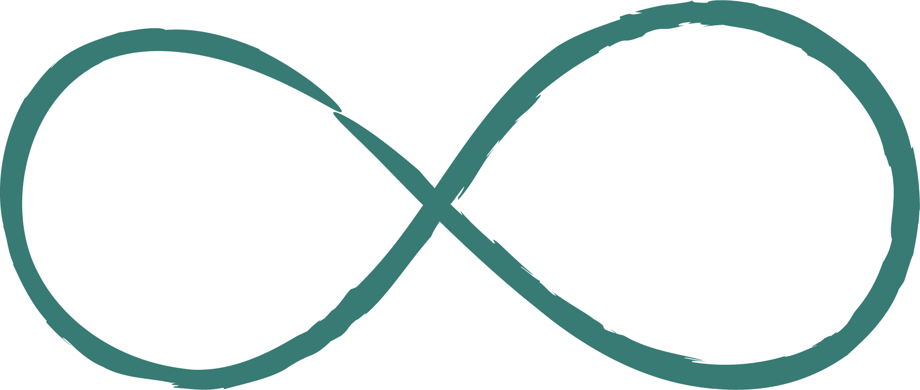 A teal-colored infinity symbol with a rough brushstroke style.