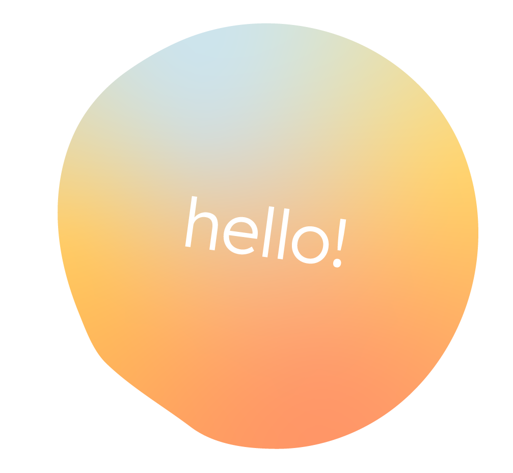 Colorful geometric speech bubble with gradient shades of peach, yellow, and light blue, containing the word 'hello!' in white text.