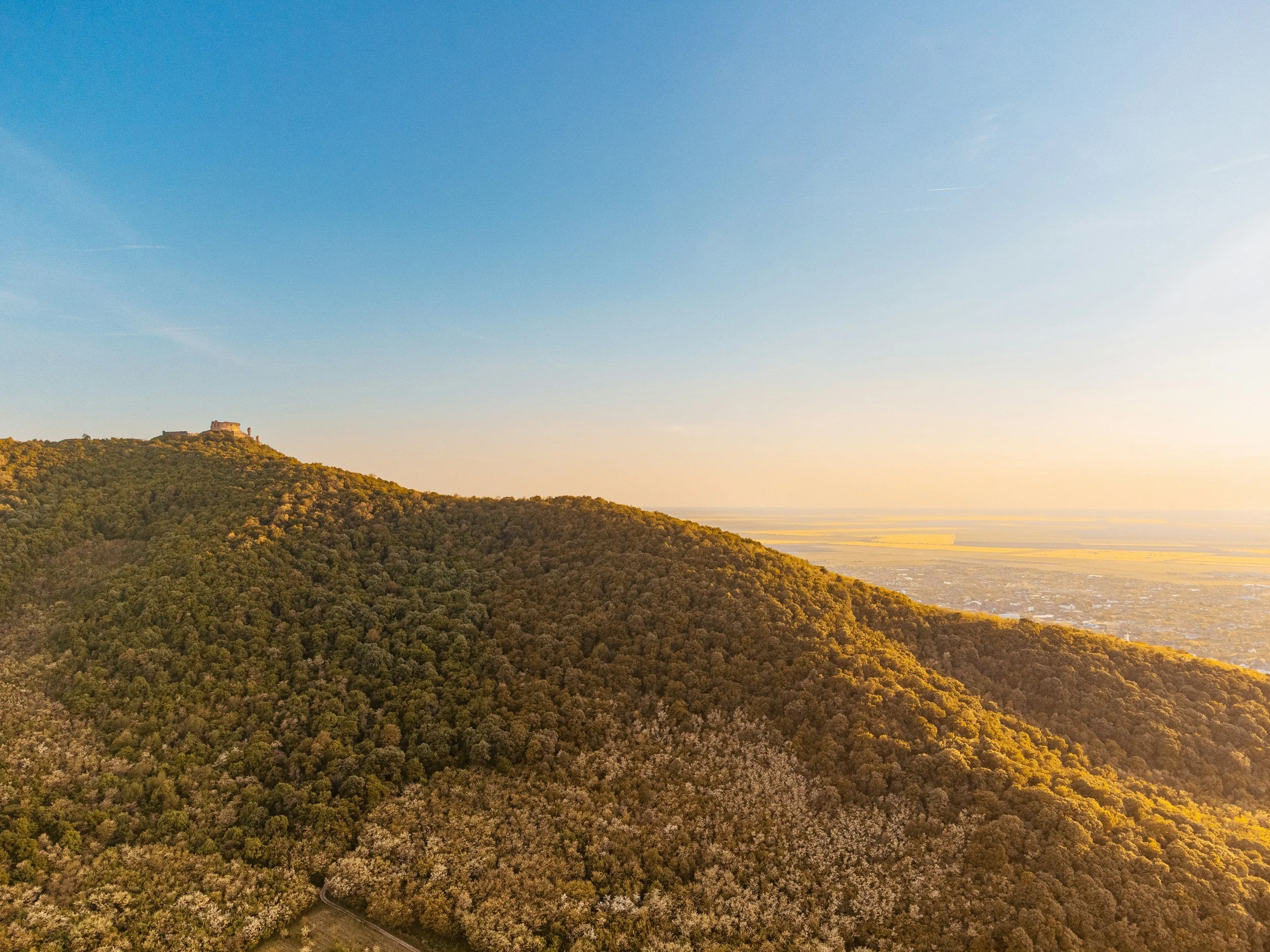 Aerial view of a green hill with a castle on top, trees covering the hill, and a flat landscape extending to the horizon under a clear blue sky.