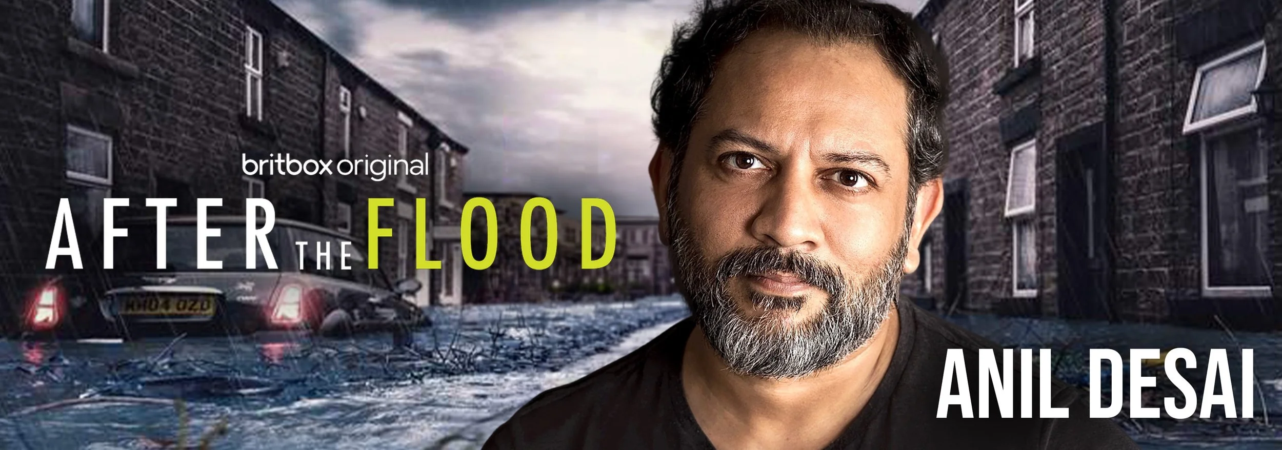A promotional image for the show 'After the Flood' featuring a man with a beard in the foreground, with flooded streets and submerged cars in the background.