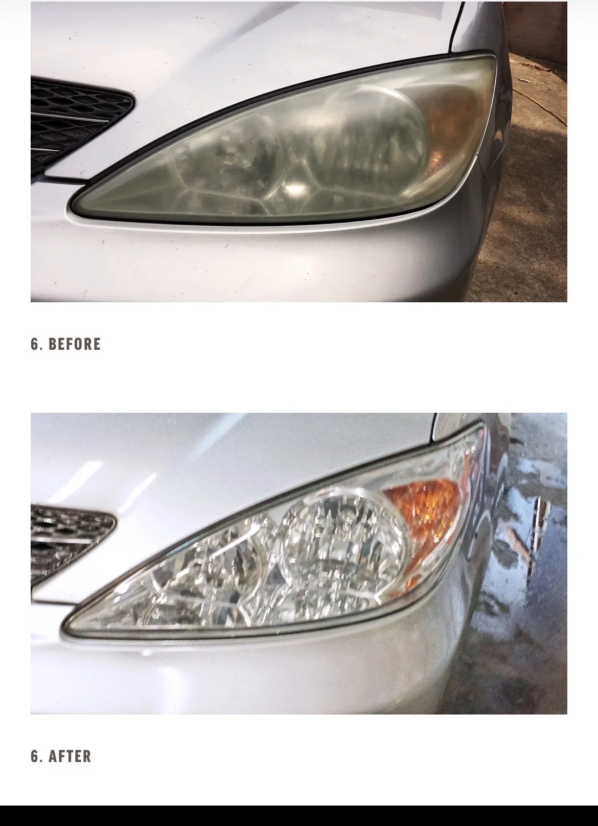 Comparison of a car's front headlight before and after cleaning. The before image shows a cloudy, foggy headlight, and the after image shows a clear, bright headlight.