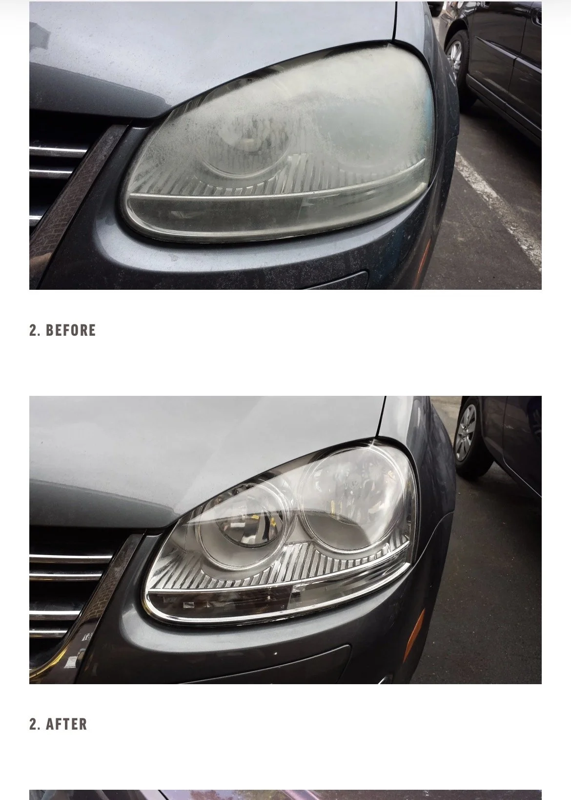 Comparison of a car headlight before and after cleaning. The 'before' image shows a cloudy, foggy headlight, while the 'after' image shows a clear, clean headlight.