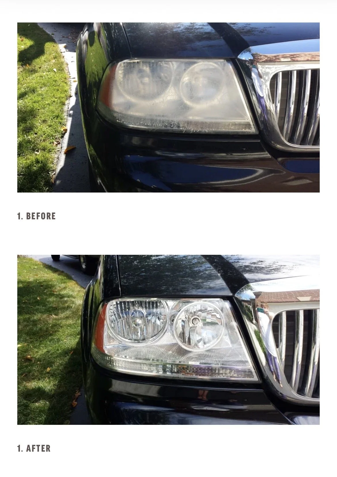 Side-by-side comparison of a black car's headlight before and after cleaning. The before image shows a cloudy, foggy headlight; the after image shows a clear, shiny headlight.