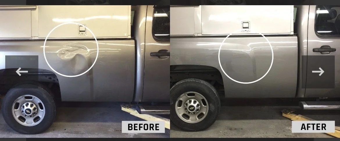 Side view of a silver pickup truck, showing a large dent with scratches on the left side before repair, and a smooth, dent-free surface after repair.