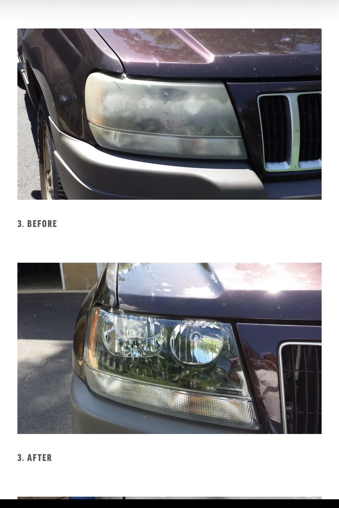 Comparison images showing a car's front headlight before and after cleaning or restoration, with the 'before' image displaying a foggy, dull headlight and the 'after' image showing a clear, bright headlight.