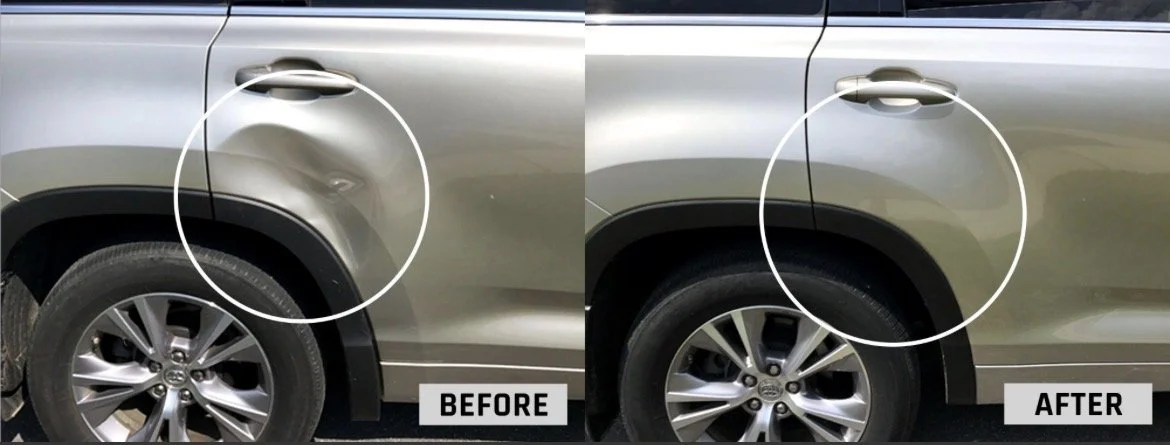 Comparison image showing a vehicle's rear side panel before and after dent repair. The left side labeled 'BEFORE' displays a visible dent, while the right side labeled 'AFTER' shows the panel repaired and smooth.