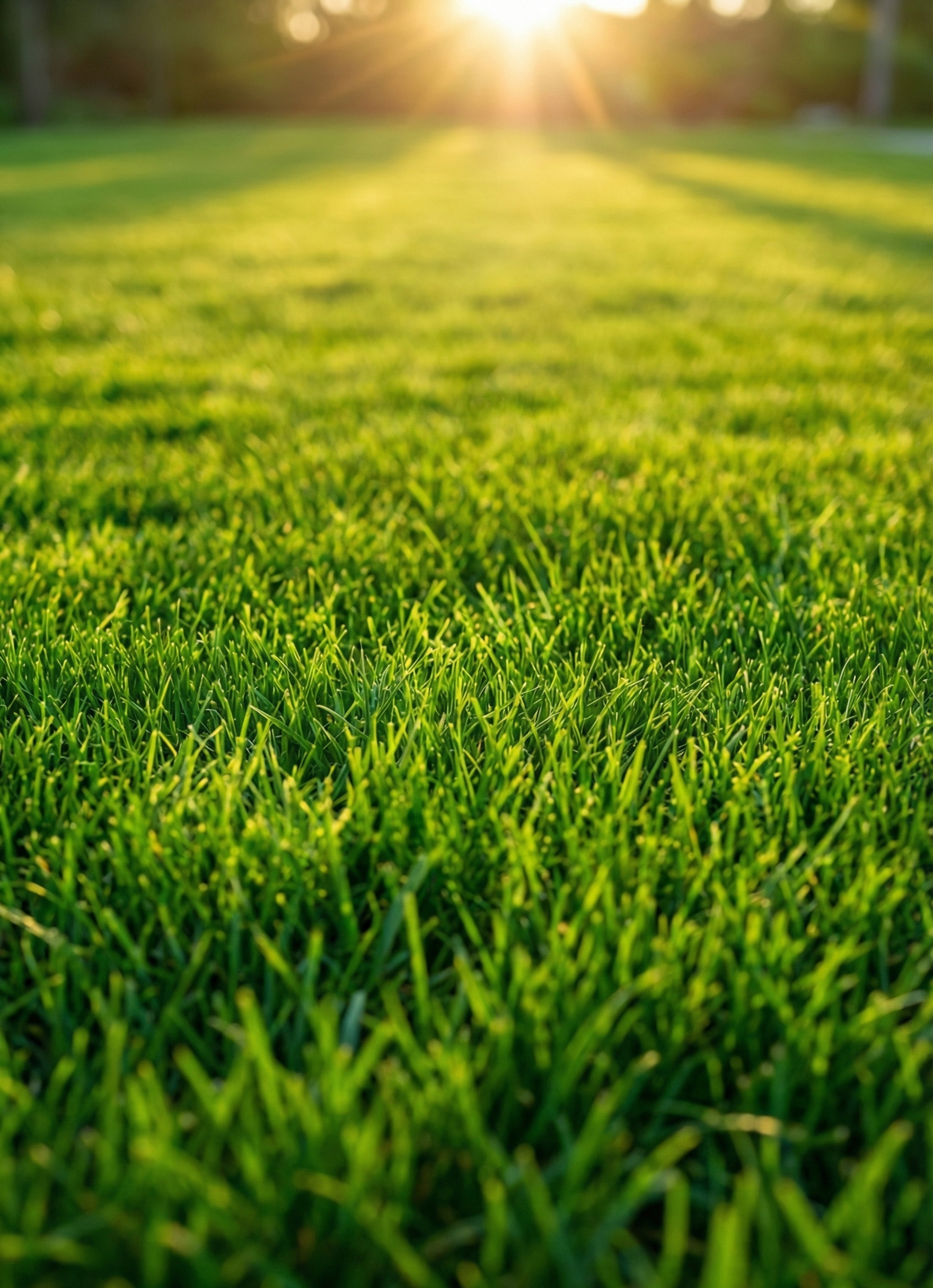 Close-up photo of a lush, green grassy field at sunset, with the sun shining brightly in the background.