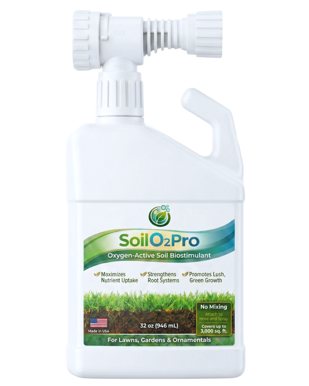 A white spray bottle labeled SoilO2Pro, an oxygen-active soil biostimulant. The label mentions it maximizes nutrient uptake, strengthens root systems, and promotes lush green growth. It is made in the USA, contains 32 ounces, and is for lawns, gardens, and ornamentals.