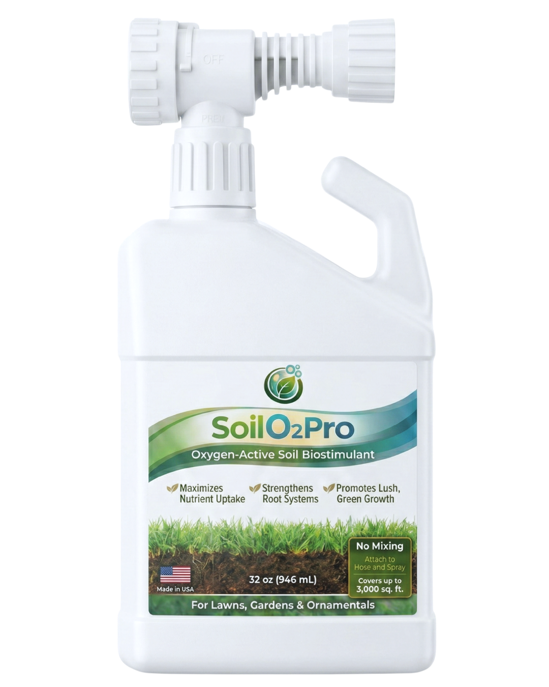 A white spray bottle of SoilO2Pro oxygen-active soil biostimulant with a trigger spray, label showing it maximizes nutrient uptake, strengthens root systems, and promotes lush green growth, made in the USA for lawns and gardens.