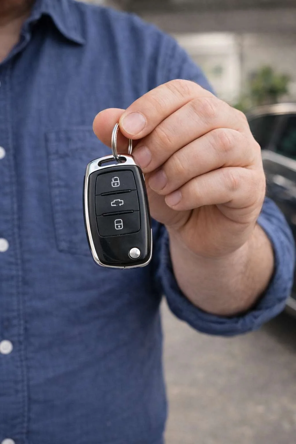 Person holder en bilnøgle med knapper til lås og låsning.