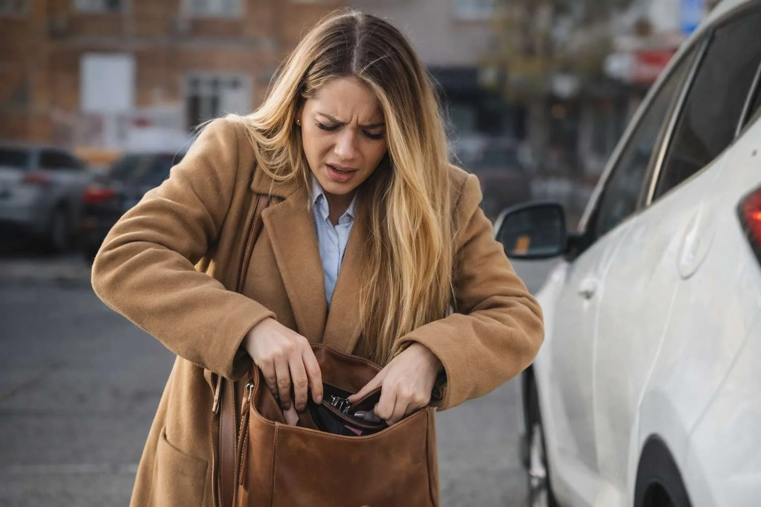 Kvinde leder efter mistet bilnøgle ved parkeret bil