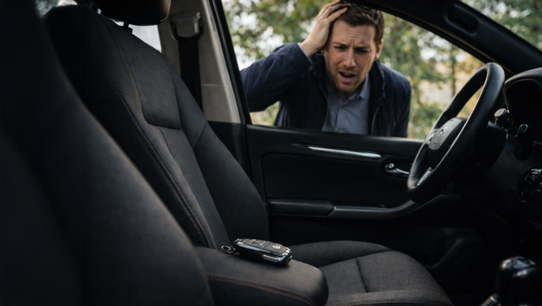 En mand står uden for bilens førerside, ser forvirret ud og holder hånden på hovedet, mens han kigger ind i bilen, hvor en bilnøgle ligger på forsædet.