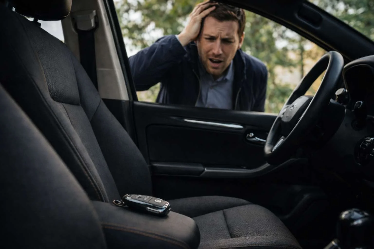 Frustreret mand med bilnøgler låst inde i bilen