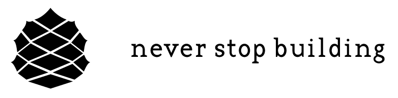 Logo with a black stylized bristlecone pine logo and the text 'never stop building'