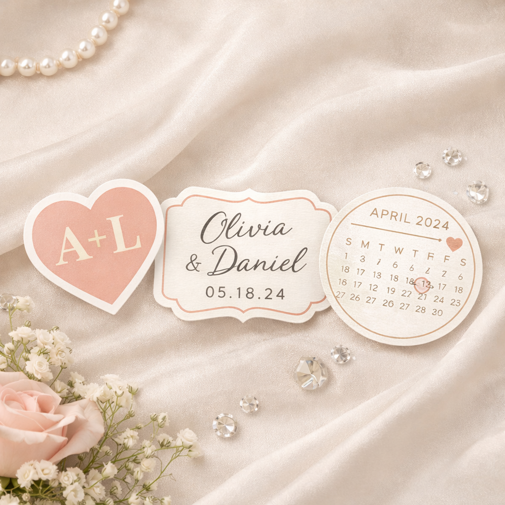 Wedding invitations and decor on satin fabric, including a heart with initials A+L, a name card for Olivia and Daniel, a April 2024 calendar with a wedding date marked, a pearl necklace, a bouquet of pink roses and white baby's breath, and scattered 