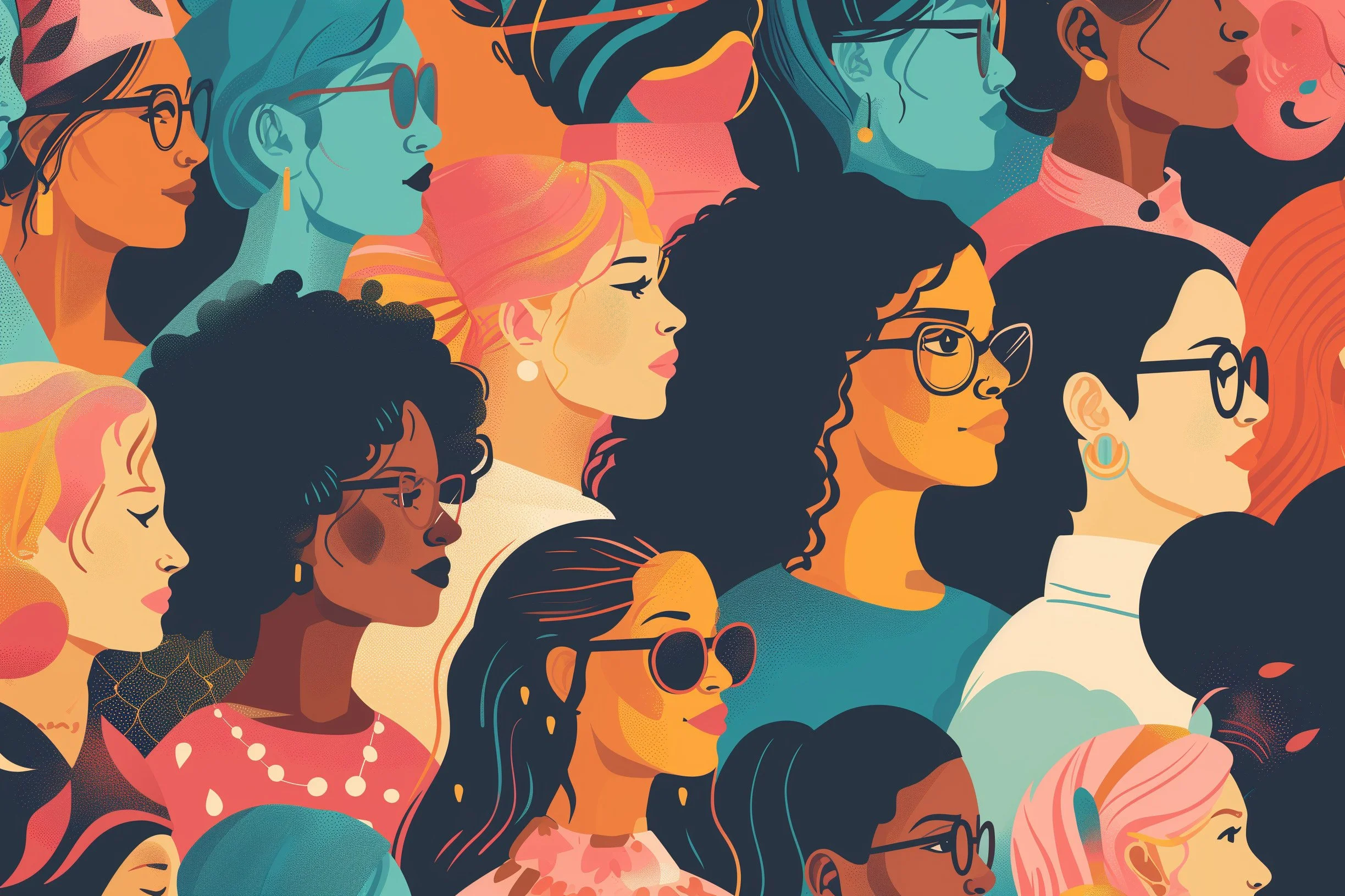 Illustration of diverse women with different hairstyles, skin tones, and accessories, facing sideways in profile to introduce empowering women in mental health therapy.
