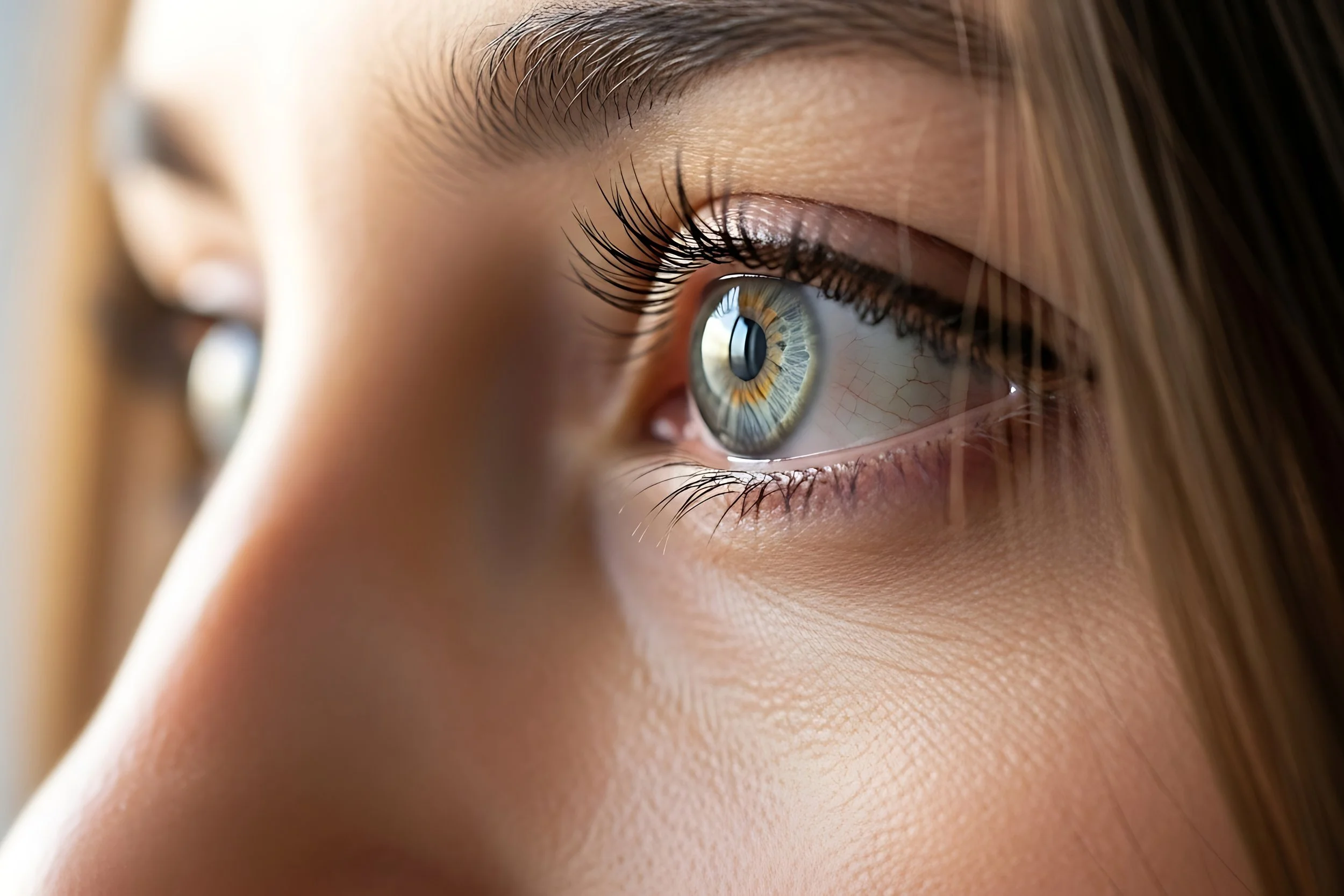 Close-up of a person's eye with detailed iris and eyelashes, showing reflection in the eye to introduce EMDR in therapy.